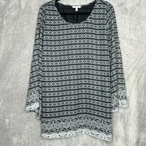 Fashion Bug 1X Shirt Top Gray Geometric Striped Flared Long Sleeve Scoop Neck